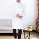 Ivory Heritage Angrakha Slub Cotton Collar Long Kurta