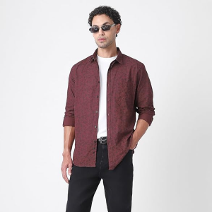 Beige Printed Slub Cotton Full Sleeve Shirt