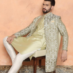 Textured Silk Blend Woven Royal Wedding Ensemble